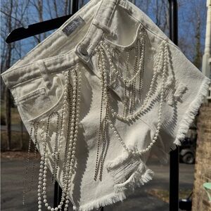 White Pearl & Chain Fringe Denim Shorts — Juicy Couture